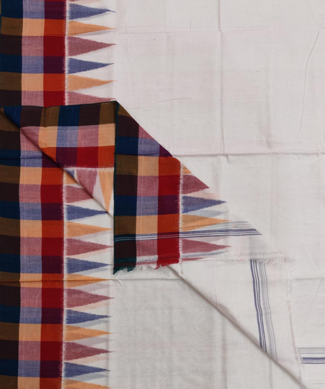 White Sambalpuri Handwoven Ikat Cotton Dhoti Gamuchha SFCJOD1475