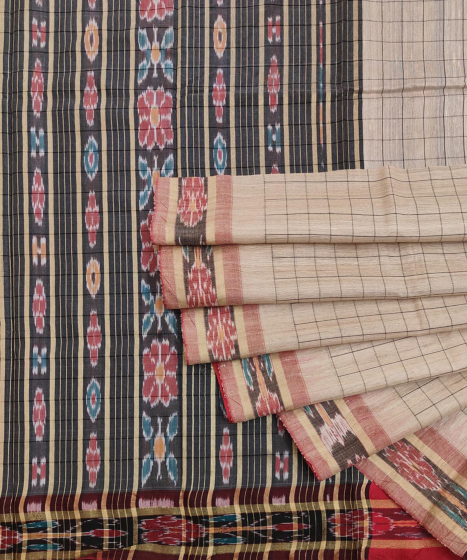 Beige Black Sambalpuri Handwoven Ikat Border Tussar Silk Saree SFTSAR1511
