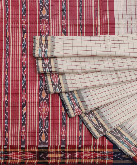 Beige Red Sambalpuri Handwoven Ikat Border Tussar Silk Saree SFTSAR1513