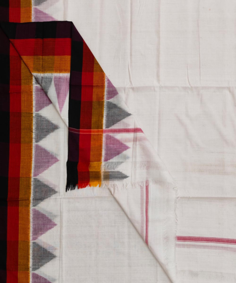 White Sambalpuri Handwoven Ikat Cotton Dhoti Gamuchha SFSJOD1593