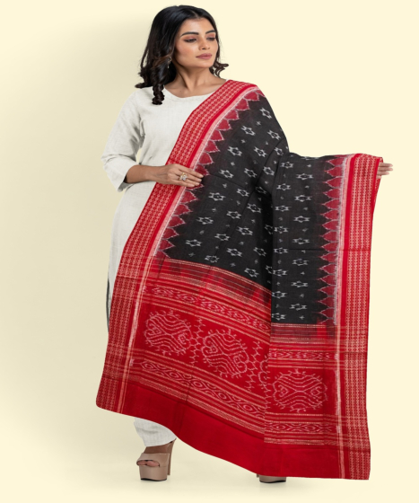 Black Red Sambalpuri Handwoven Single Ikat Cotton Dupatta SFCDUP180A