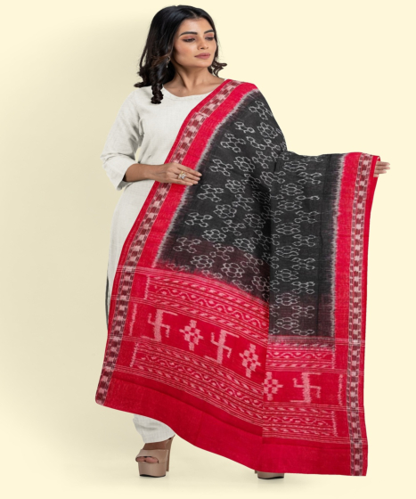 Black Red Sambalpuri Handwoven Single Ikat Cotton Dupatta SFCDUP195A