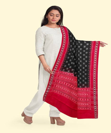 Black Maroon Sambalpuri Handwoven Single Ikat Cotton Dupatta SFCDUP202A