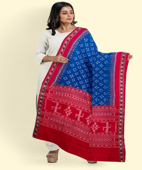 Blue Maroon Sambalpuri Handwoven Single Ikat Cotton Dupatta SFCDUP203A