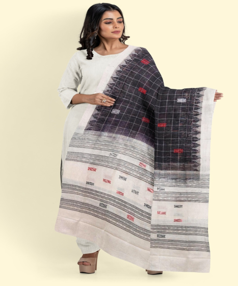 Black White Sambalpuri Handwoven Single Ikat Cotton Dupatta SFCDUP209