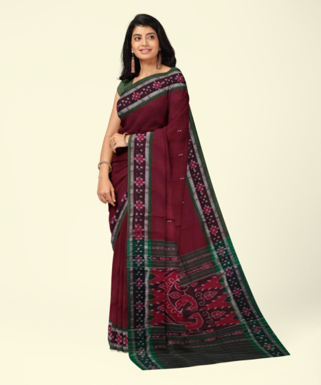 Maroon Green Sambalpuri Handwoven Single Ikat Cotton Saree SFCSAR2192