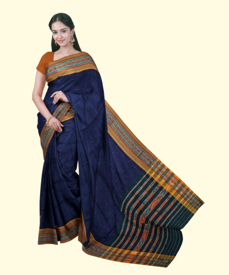 Blue Yellow Sambalpuri Handwoven Single Ikat Cotton Saree SFCSAR2198