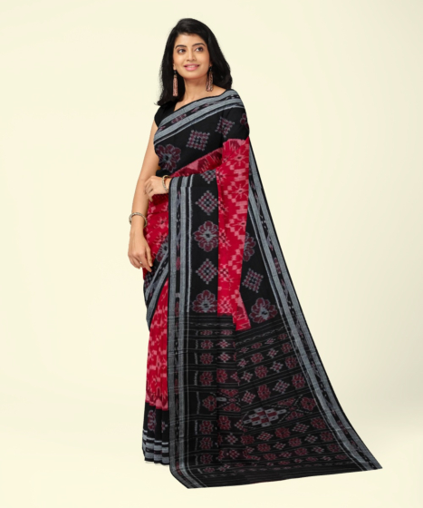 Red Black Sambalpuri Handwoven Single Ikat Cotton Saree SFCSAR2211
