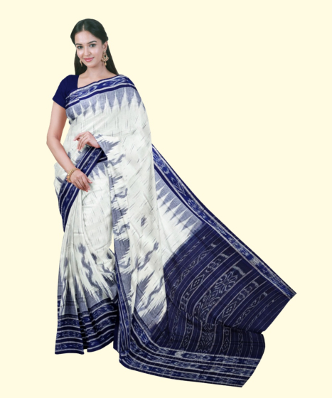 White Blue Sambalpuri Handwoven Single Ikat Cotton Saree SFCSAR2234