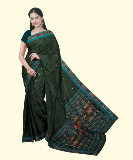 Green Blue Sambalpuri Handwoven Single Ikat Cotton Saree SFCSAR2240