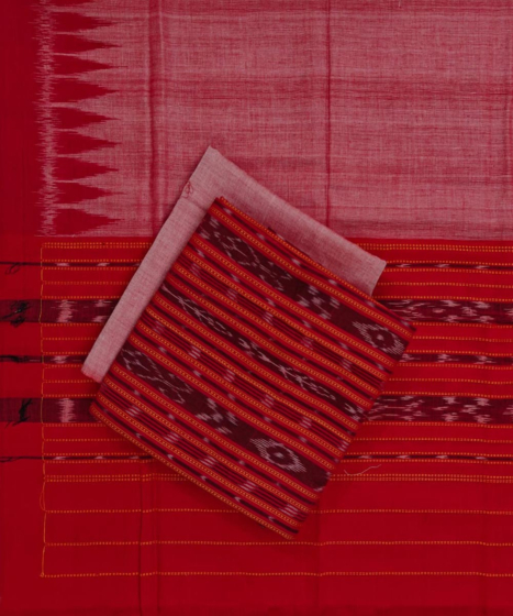 Red Gray Sambalpuri Handwoven Double Ikat Suit SFCSUT2305