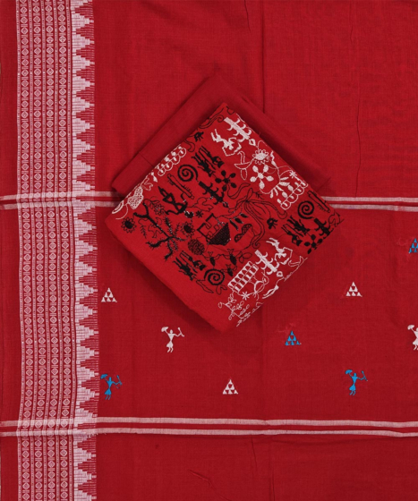 Red Sambalpuri Handwoven Double Ikat Suit SFCSUT2325