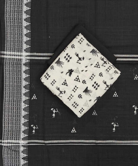 White Black Sambalpuri Handwoven Double Ikat Suit SFCSUT2327