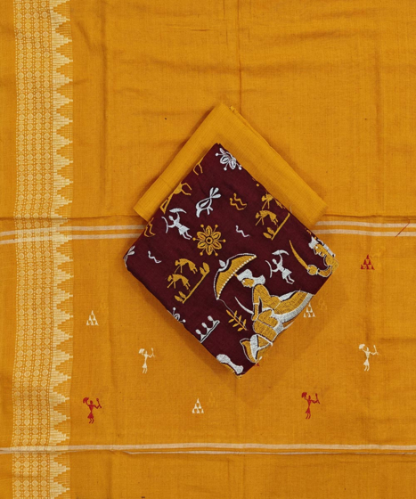 Maroon Yellow Sambalpuri Handwoven Double Ikat Suit SFCSUT2328