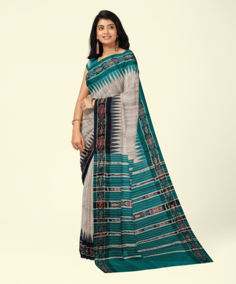 Beige Sambalpuri Handwoven Ikat Border Tussar Silk Saree SFTSAR2337