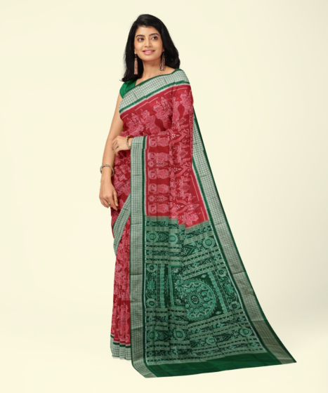 Red Sambalpuri Handwoven Ikat Silk Saree SFSSAR2339