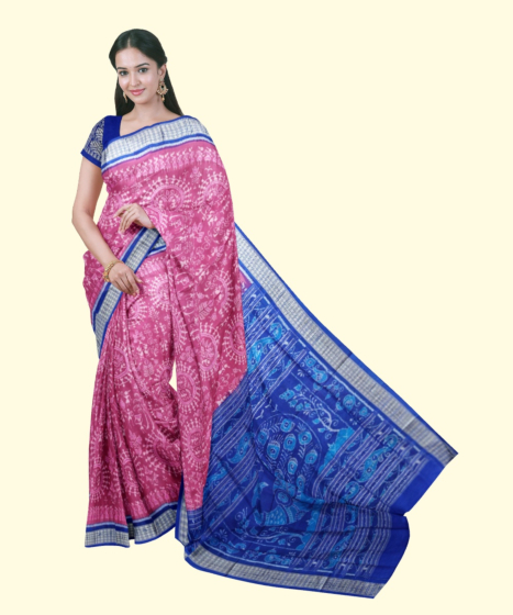 Pink Blue Sambalpuri Handwoven Ikat Silk Saree SFSSAR2340