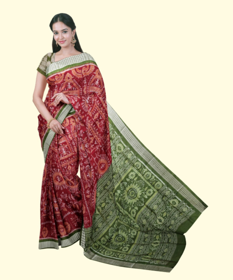 Maroon Green Sambalpuri Handwoven Ikat Silk Saree SFSSAR2342