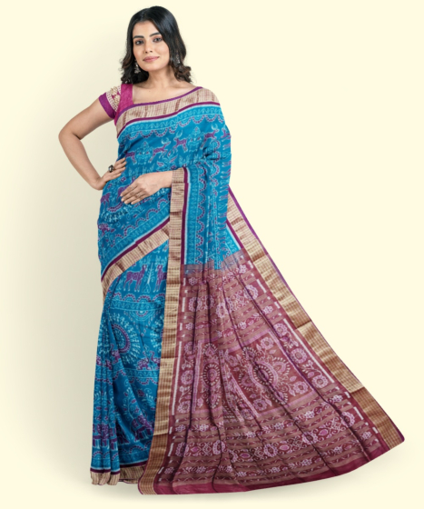 Blue Red Sambalpuri Handwoven Ikat Silk Saree SFSSAR2343