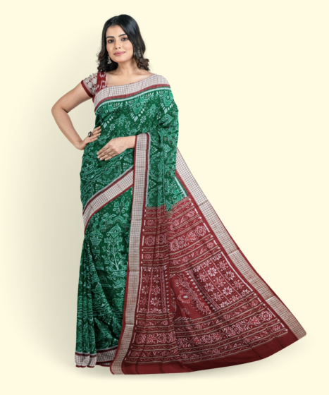 Green Red Sambalpuri Handwoven Ikat Silk Saree SFSSAR2344