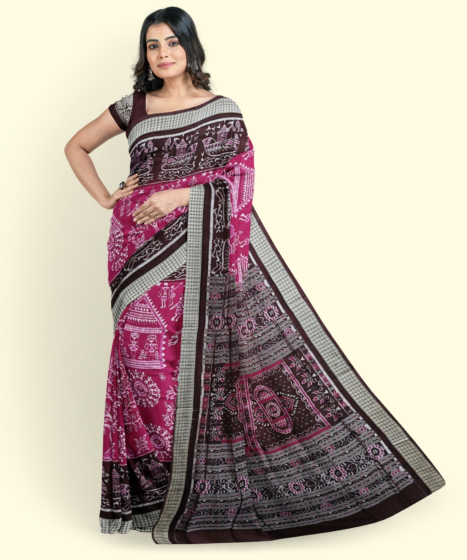 Pink Coffee Sambalpuri Handwoven Ikat Silk Saree SFSSAR2345