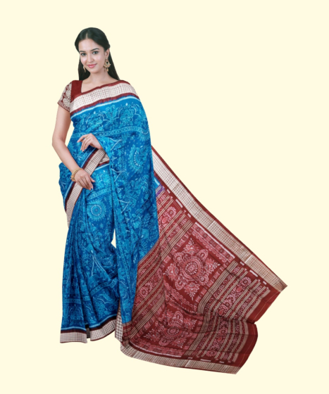 Blue Red Sambalpuri Handwoven Ikat Silk Saree SFSSAR2346