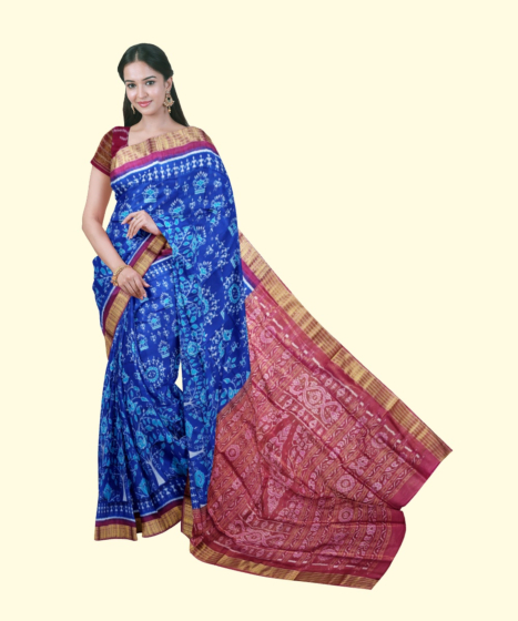 Blue Red Sambalpuri Handwoven Ikat Silk Saree SFSSAR2350