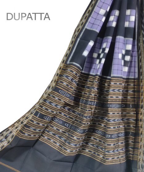 Gray Black Sambalpuri Handwoven Double Ikat Cotton Dupatta SFCDUP0794