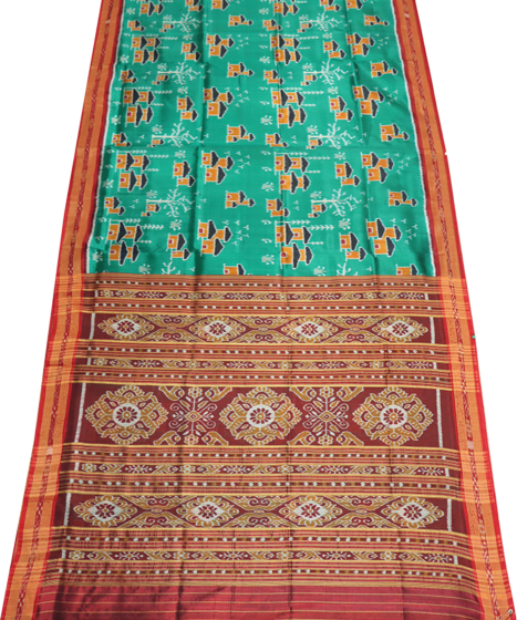 Deep Green-Cyan Turquoise khandua silk saree