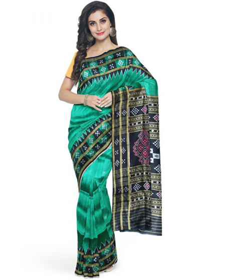 Deep Green-Cyan Turquoise khandua silk saree
