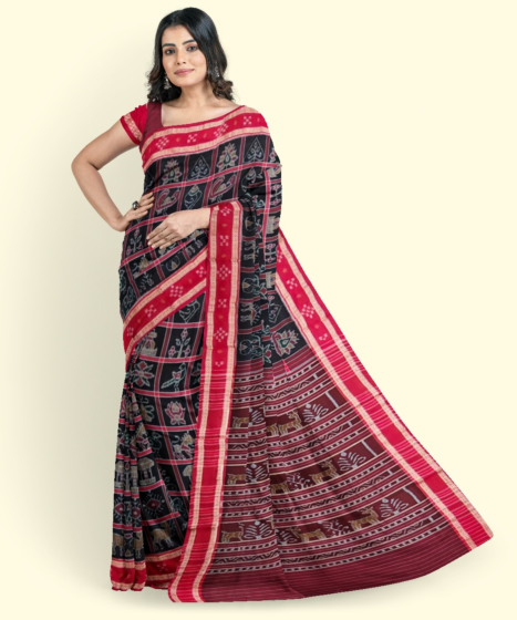 Black Red Sambalpuri Handwoven Single Ikat Cotton Saree SFCSAR2070