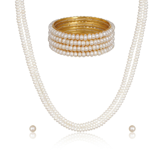 Handmade Real Flat Pearls Double-Layered Necklace Set | Mala with 2 Bangles