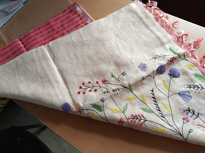 Pure Linen Hand Embroidery Silk Saree