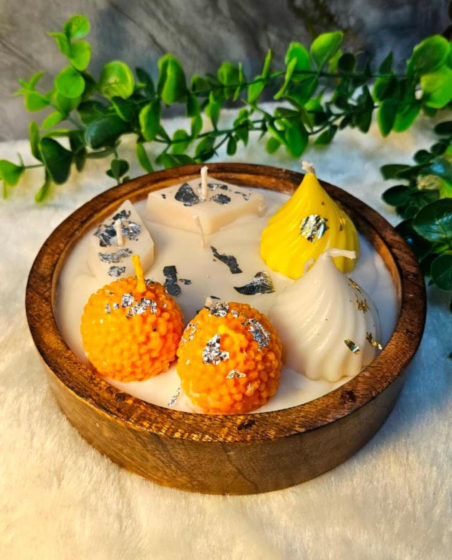 Festive DessertThemed Scented Candle Set Decorative Soy Wax Candles in Wooden Bowl