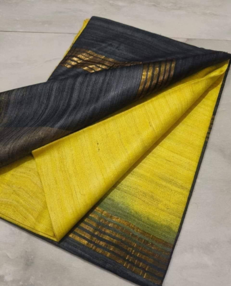 Pure Tussar Ghicha Silk Saree with Golden Zari Border & Running Blouse - Dual Dye Elegance