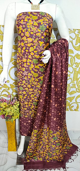 Ajrakh Print Unstitched Suit Set - Katan Salab Fabric -Top, Bottom & Dupatta