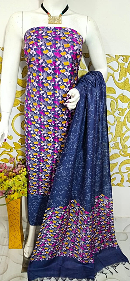 Ajrakh Print Unstitched Suit Set - Katan Salab Fabric -Top, Bottom & Dupatta