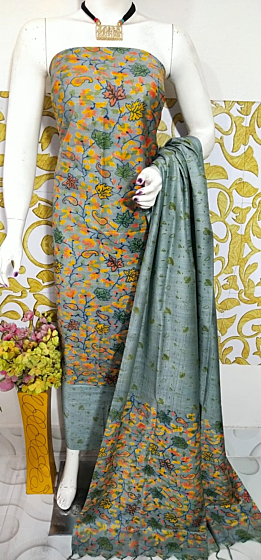 Ajrakh Print Unstitched Suit Set - Katan Salab Fabric -Top, Bottom & Dupatta