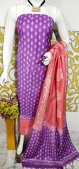 Handloom Katan Salab Print Unstitched Suit Set | Purple & Pink