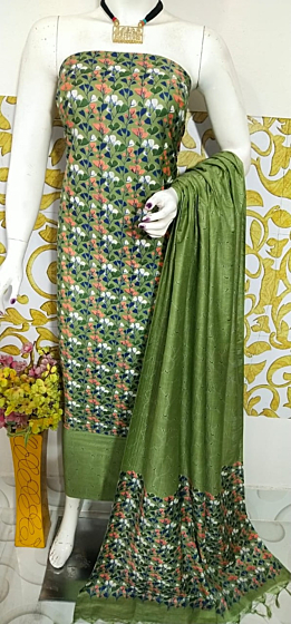 Ajrakh Print Unstitched Suit Set - Katan Salab Fabric -Top, Bottom & Dupatta