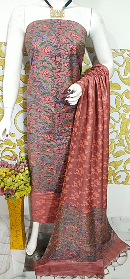 Ajrakh Print Unstitched Suit Set - Katan Salab Fabric -Top, Bottom & Dupatta