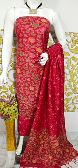 Ajrakh Print Unstitched Suit Set - Katan Salab Fabric -Top, Bottom & Dupatta