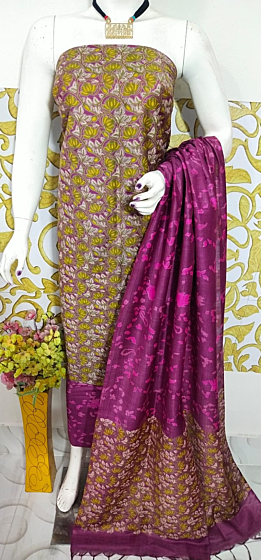 Ajrakh Print Unstitched Suit Set - Katan Salab Fabric -Top, Bottom & Dupatta