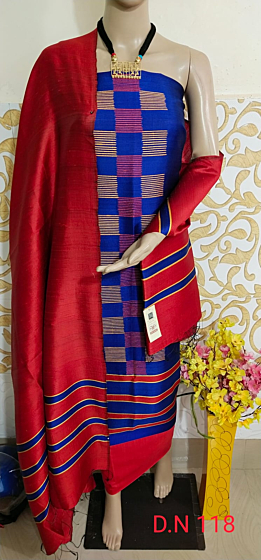 Dupion Silk Blue Dress Material with Red Dupatta