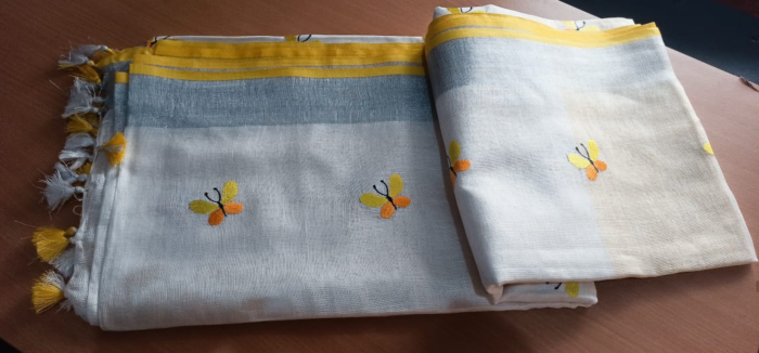 Pure Linen with Zari border Embroiderie Saree