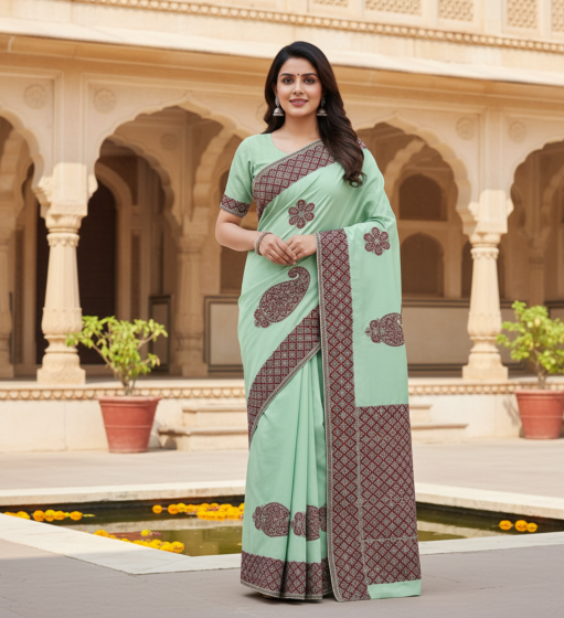 Mint Green Applique Saree | Elegant Ethnic Saree