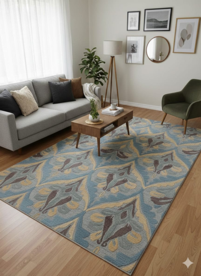Hand Tufted Wool Area Rug | Blue Floral Modern Carpet for Living Room