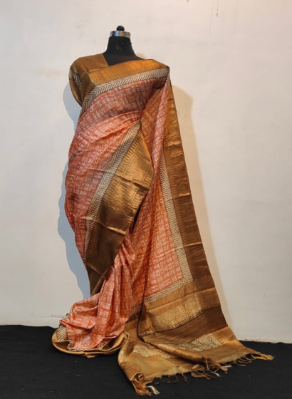 Handcrafted Pure Tussar Silk Saree I Peach