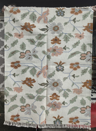 Handwoven Floral Cotton Rug I White 