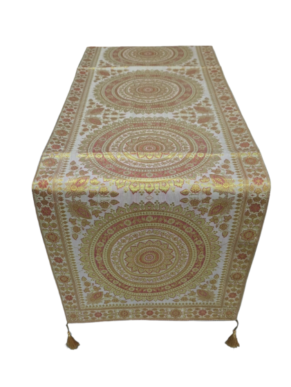 Premium Banarasi Brocade Silk Table Runner -Ethnic Mandala Design  16 x 72 inches - 6 Ft Long - Grey
